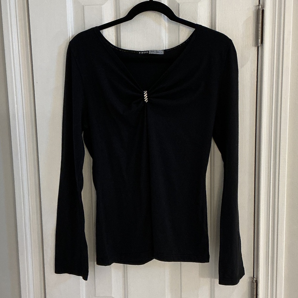 Barbara Lesser Vintage Black Long-Sleeve Twist-Front Top with Rhinestone Detail